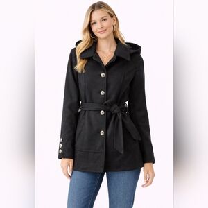 Women's Black Hooded Peacoat Wool Trench Coat | Size L | Removable Hood NWT